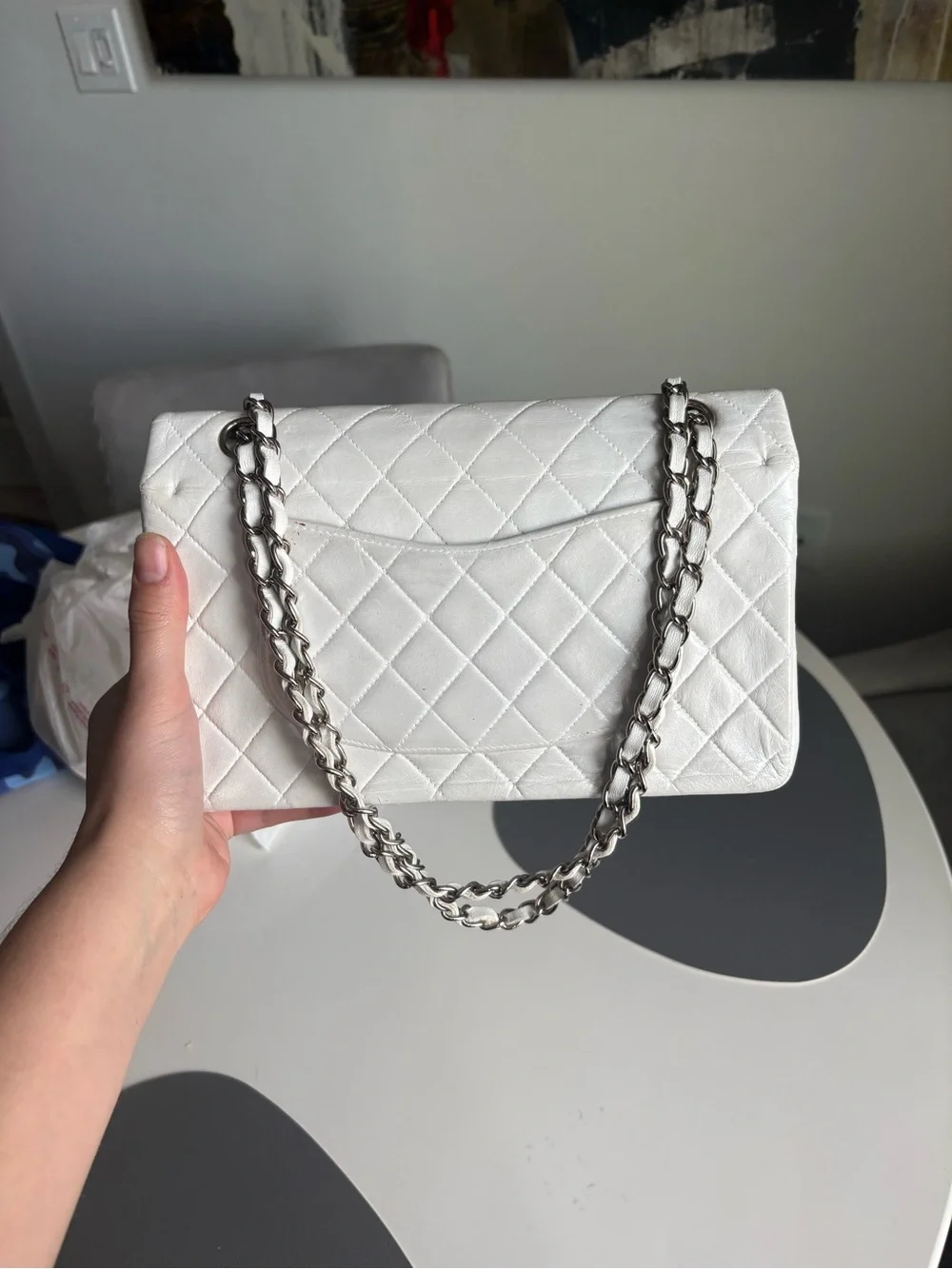 CHANEL White Quilted Lambskin Classic Flap Medium